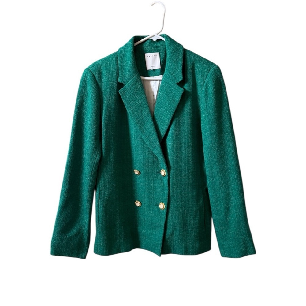SANDRO Jacy Tweed Double Breasted Blazer Emerald Green Sz 42 EU / US 10 - Picture 2 of 11